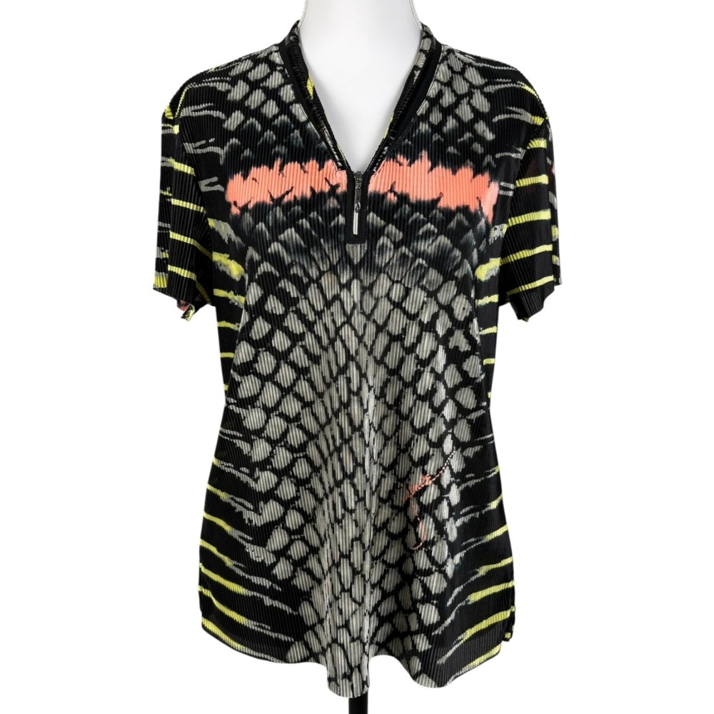 Jamie Sadock Quarter Zip Polo Shirt Top Womens M Black Multi Textured Abstract